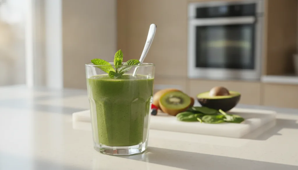 A glass of vibrant green smoothie with a spoon in it garnished with fresh mint suggesting the beauty powder mixed into a