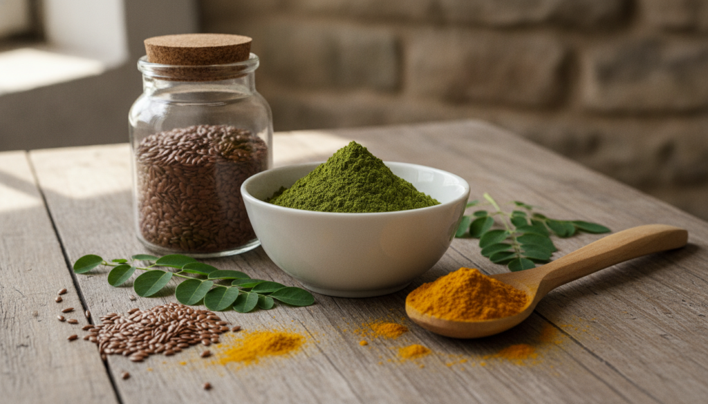 Various ingredients laid out on a wooden table a bowl of moringa powder a small jar of flax seeds and a spoonful of turm