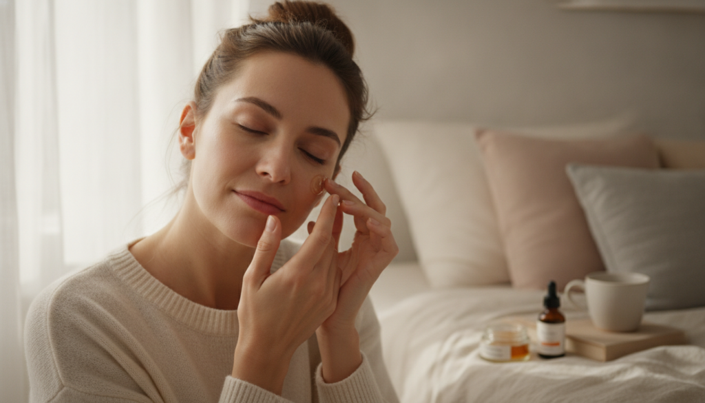 A woman gently applying the Vaseline and vitamin mixture to her face before bed her skin looking soft and well-hydrated 