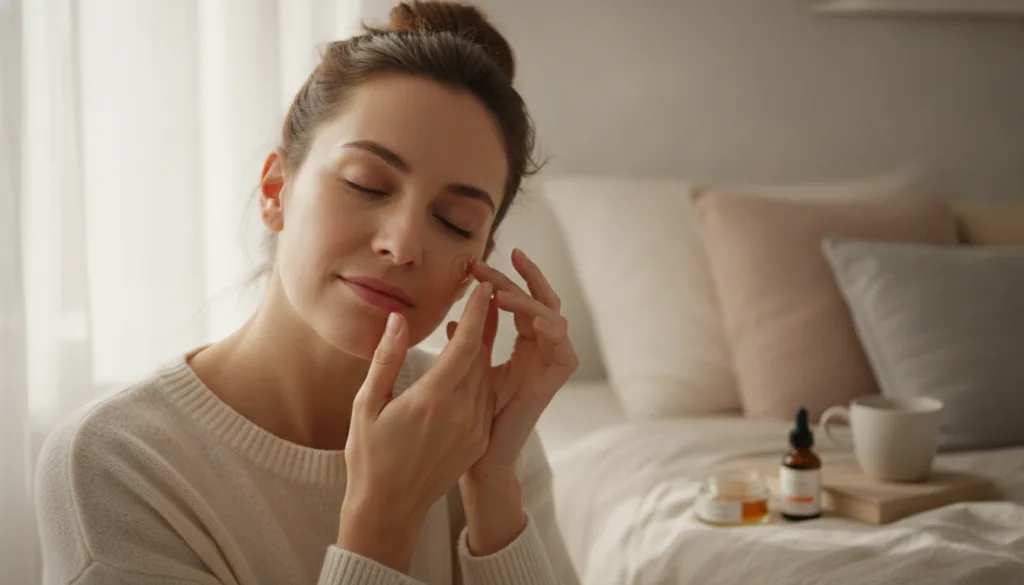A woman gently applying the Vaseline and vitamin mixture to her face before bed her skin looking soft and well-hydrated