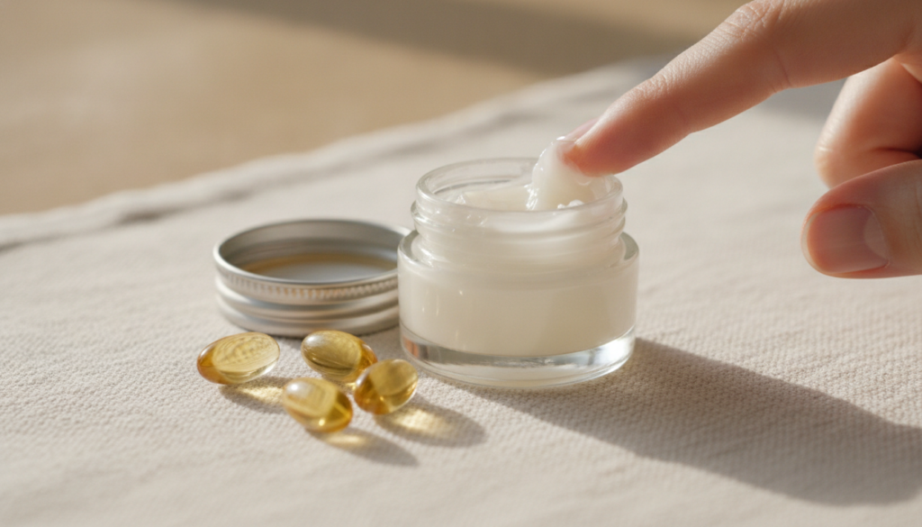 A small jar of Vaseline a few vitamin E capsules and a small amount of the mixed product on a fingertip set against a so