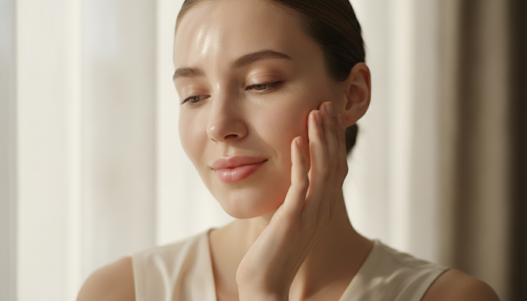 A woman with radiant clear glass skin gently touching her cheek with a soft warm glow The background is slightly blurred