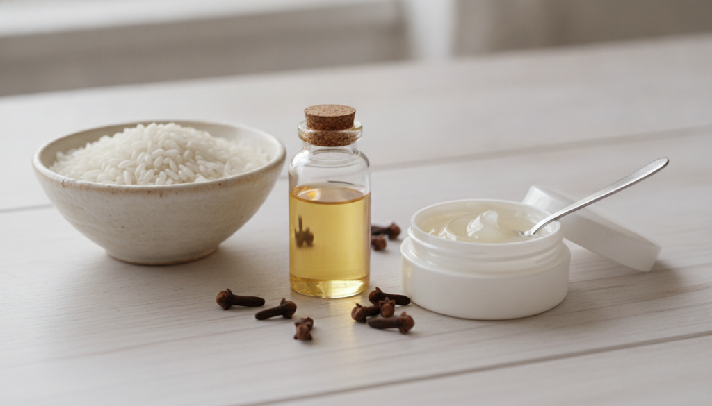 A still life arrangement of the DIY glass skin ingredients a small bottle of baby oil a jar of Vaseline a bowl of white