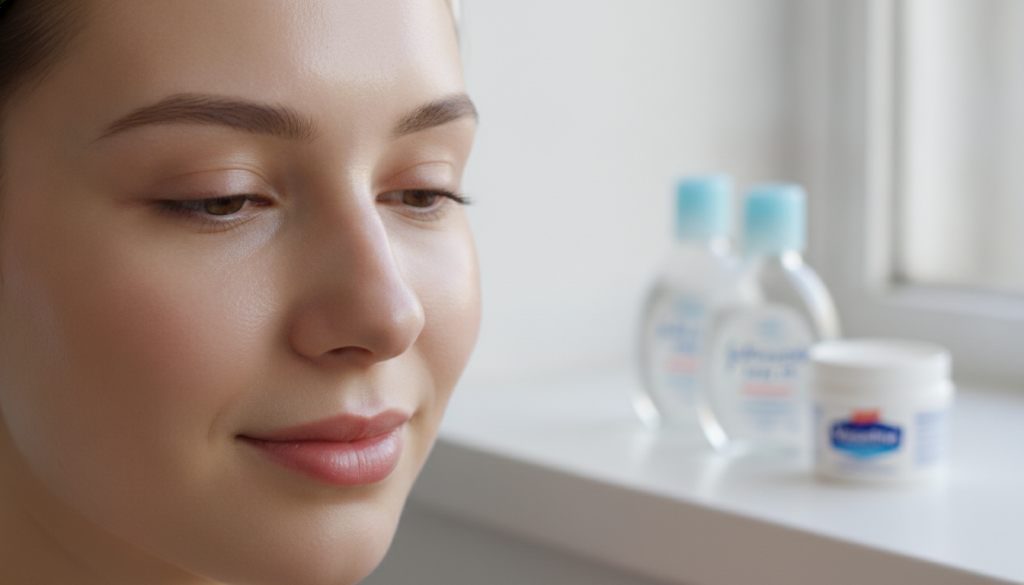 A close-up of a woman s face with visibly smooth glowing and hydrated glass skin with small bottles of Johnson s Baby Oi