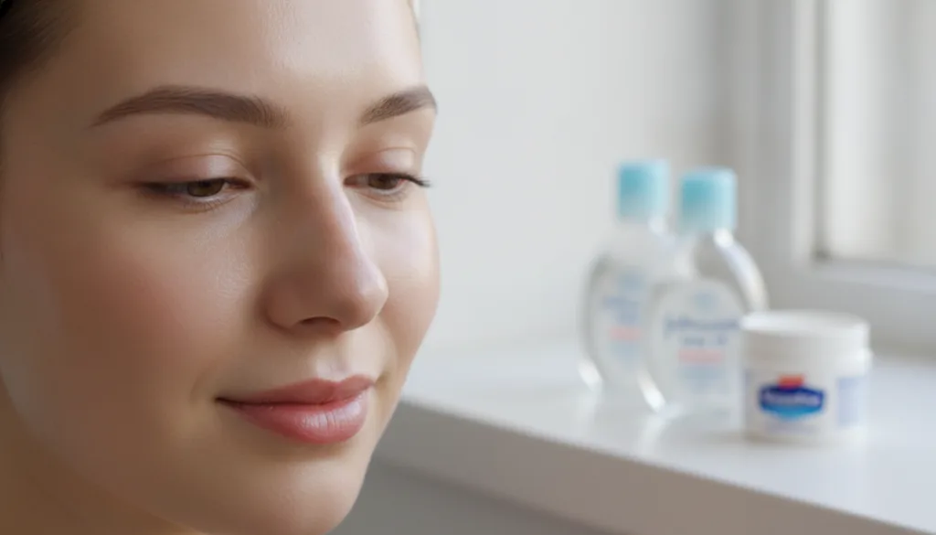A close-up of a woman s face with visibly smooth glowing and hydrated glass skin with small bottles of Johnson s Baby Oi