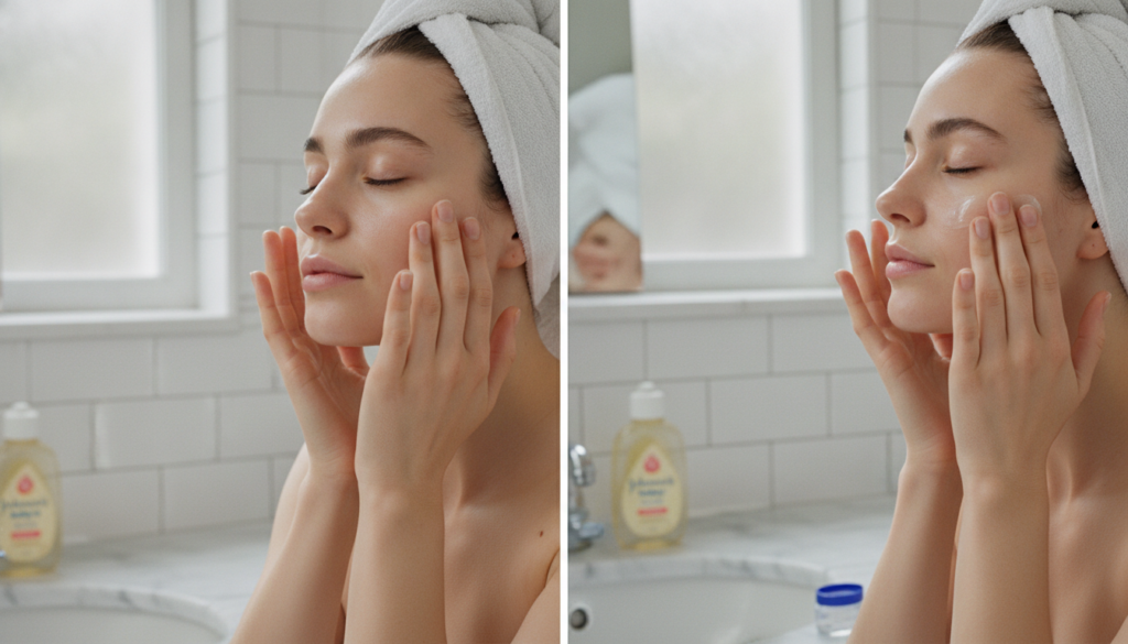 A woman gently massaging Johnson s Baby Oil onto her face followed by applying a thin layer of Vaseline demonstrating th