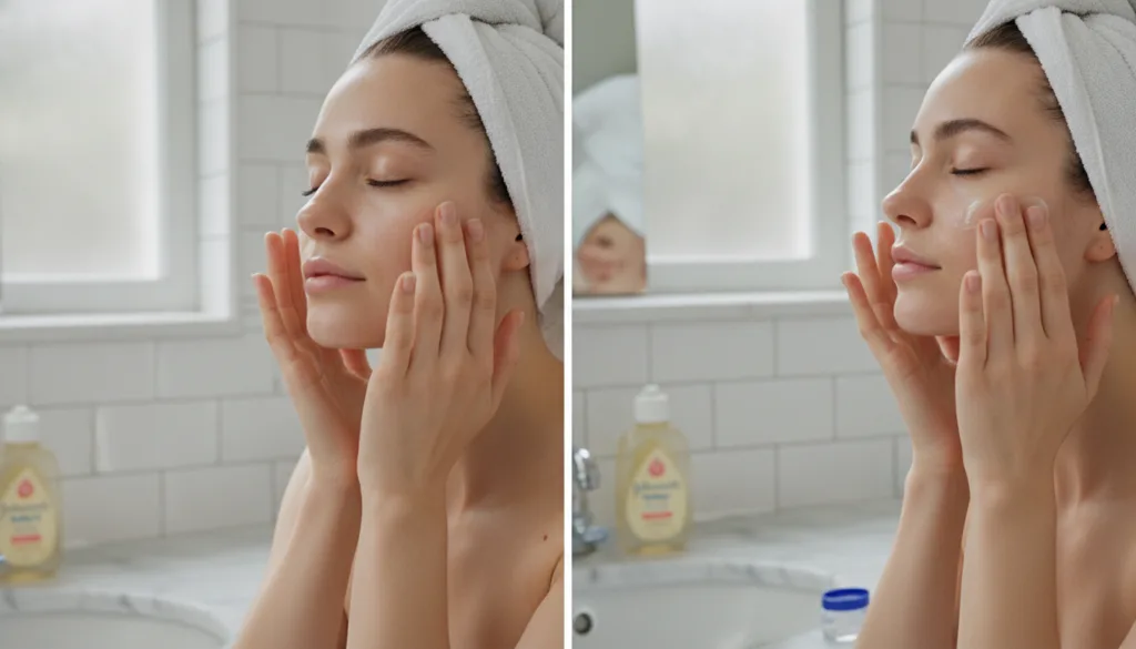 A woman gently massaging Johnson s Baby Oil onto her face followed by applying a thin layer of Vaseline demonstrating th