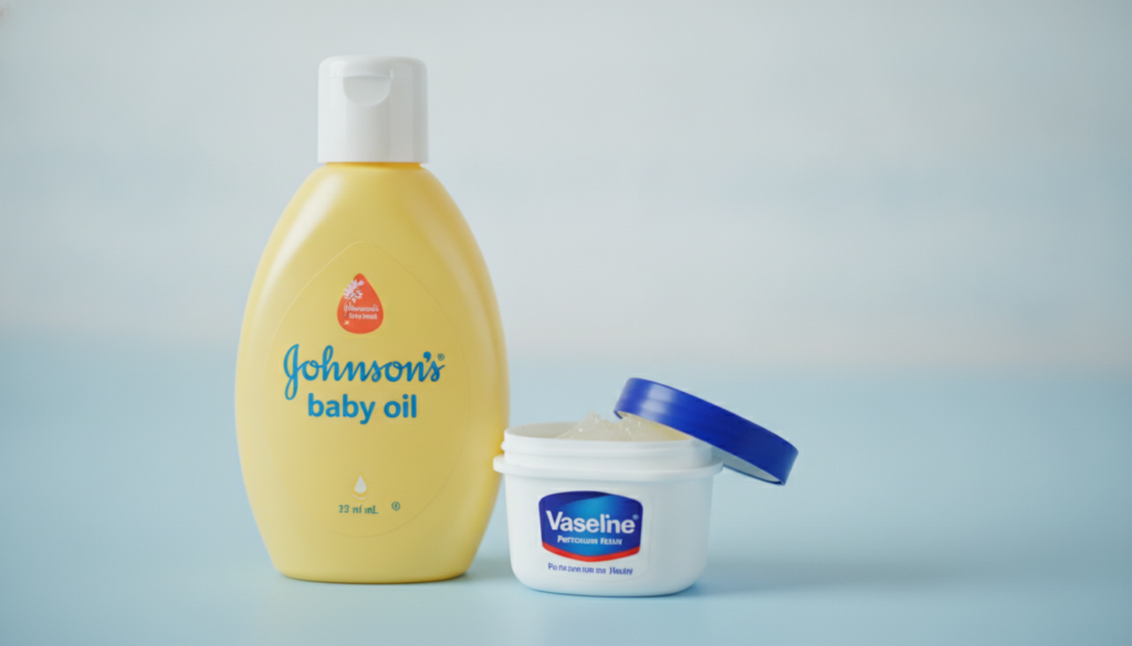 Close-up of a small bottle of Johnson s Baby Oil and a small tub of Vaseline on a light clean background emphasizing the