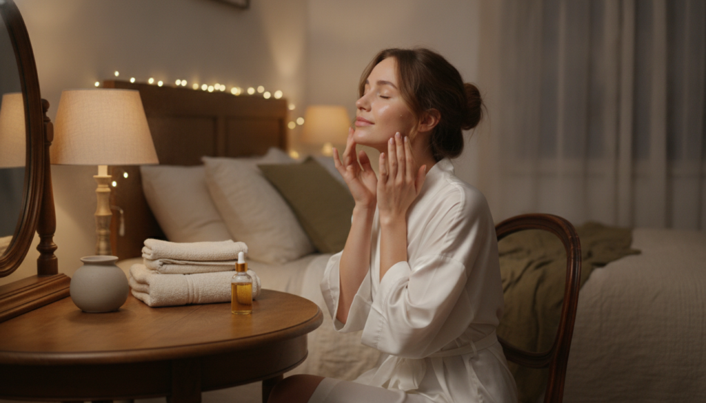 A woman gently applying natural facial oil to her clean face before bedtime with soft warm lighting Various small bottle