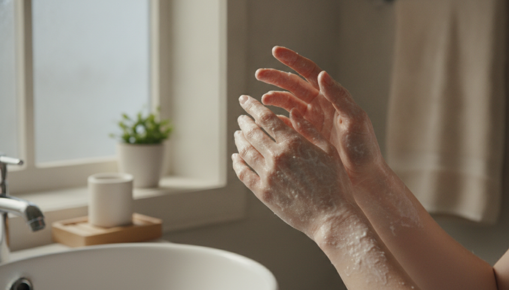 A pair of hands being treated with a creamy white rice mask possibly in a spa-like setting or a natural home environment