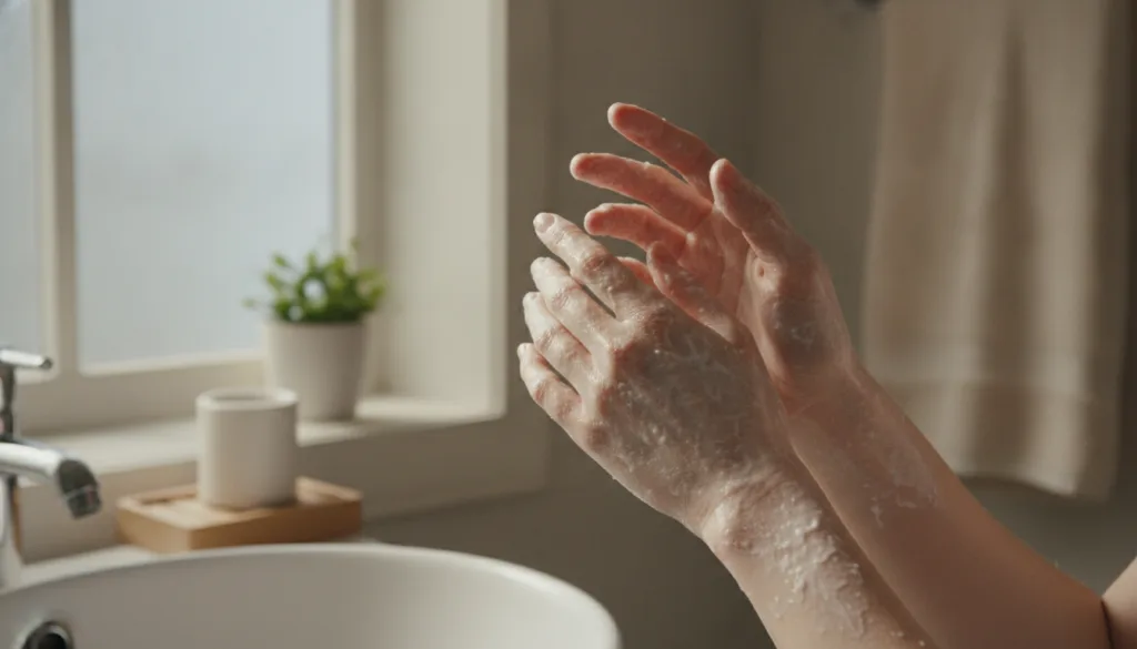 A pair of hands being treated with a creamy white rice mask possibly in a spa-like setting or a natural home environment