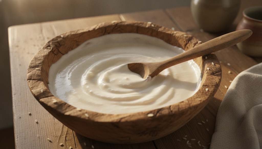 Close-up of a bowl containing a creamy rice paste with a wooden spoon or spatula on a rustic kitchen counter suggesting 