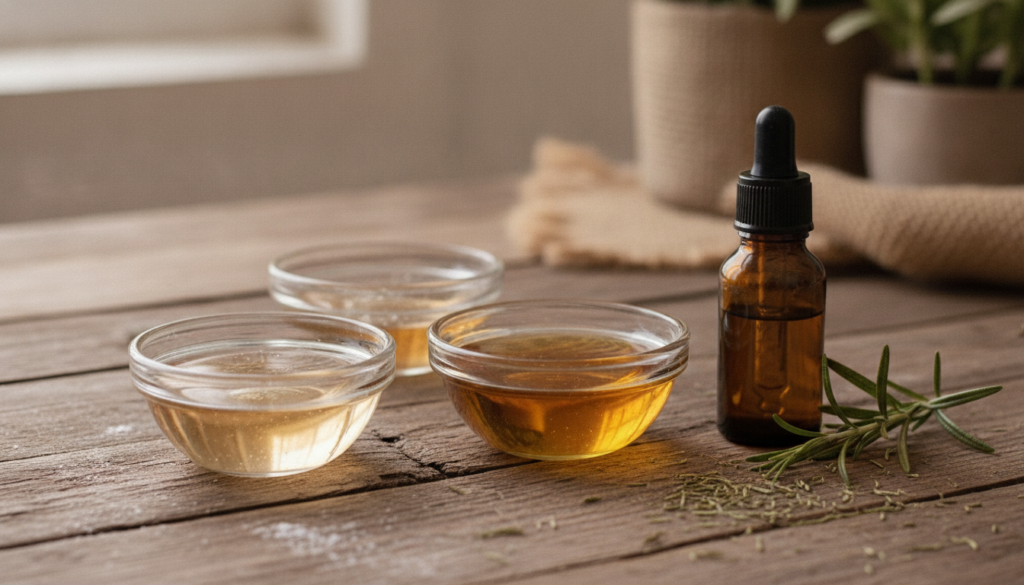Small glass bowls containing coconut oil castor oil and a bottle of rosemary essential oil neatly arranged on a wooden s