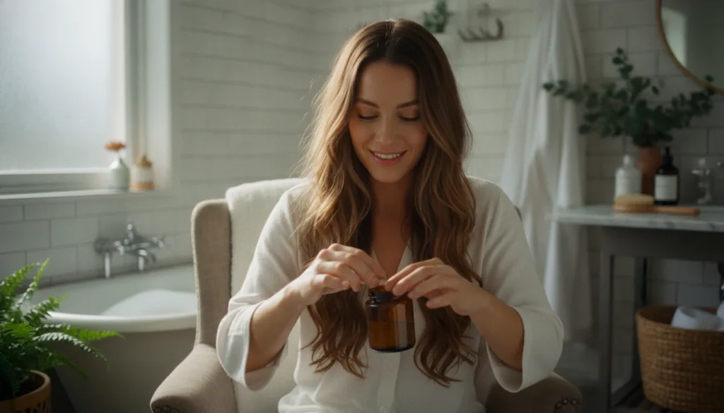A woman gently massaging coconut oil into her hair with a warm natural light illuminating her happy expression