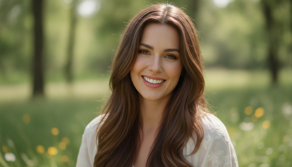 A woman with visibly healthy shiny and vibrant hair smiling confidently