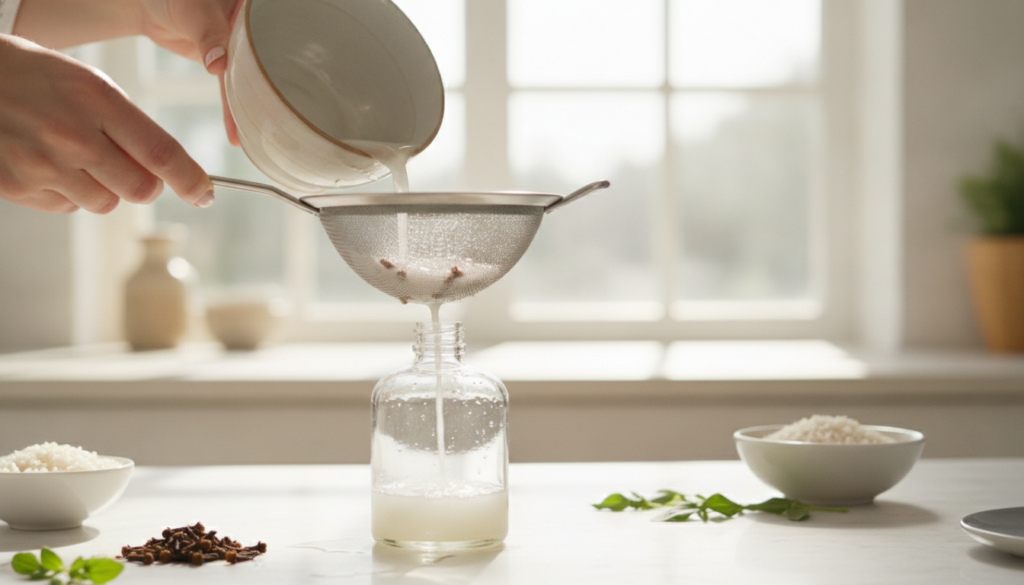 Close-up of a person straining rice water with cloves through a fine-mesh sieve into a clean glass bottle