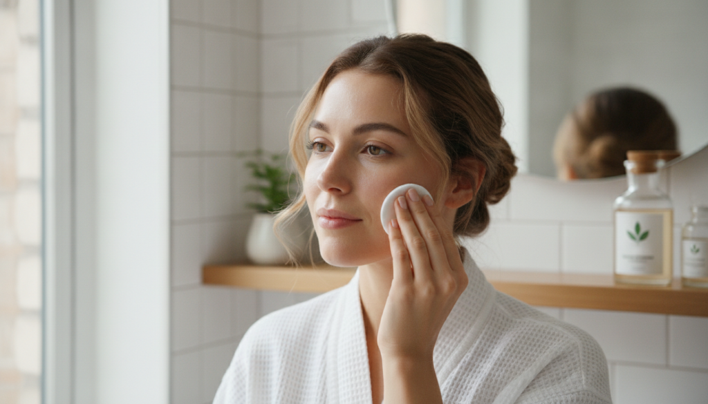A woman gently patting rice and clove toner onto her face with a cotton pad looking refreshed Her skin appears smooth an