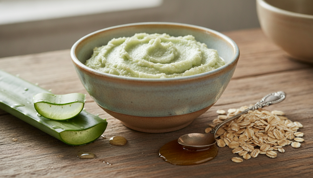 A bowl containing a freshly made aloe vera and oats scrub with raw ingredients aloe leaf rolled oats honey displayed aro