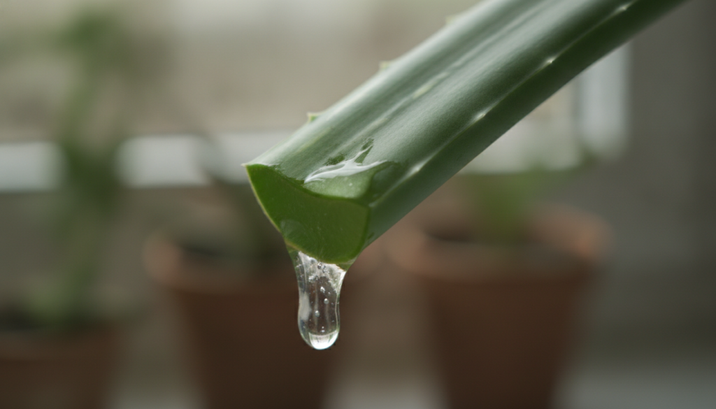 A close-up of a fresh aloe vera plant leaf with gel oozing out highlighting its soothing properties