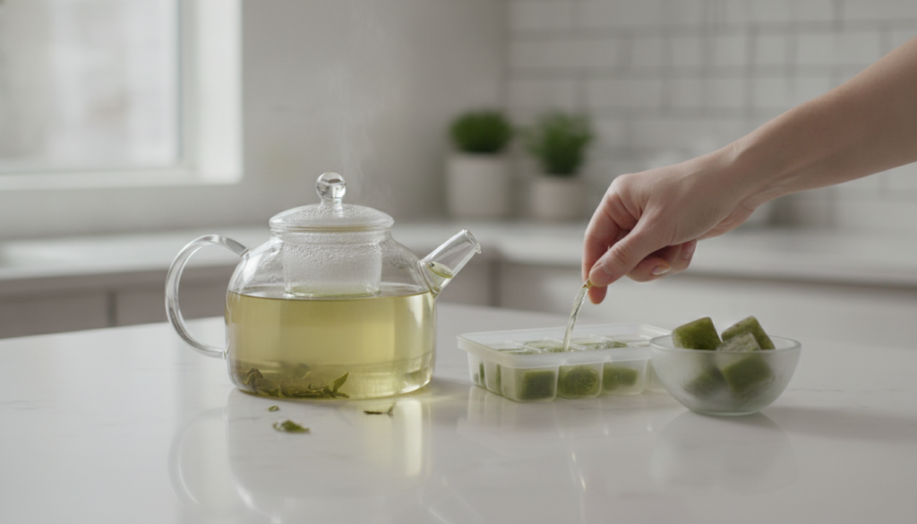 A clear glass teapot with freshly brewed green tea next to an ice cube tray being filled with the tea and some frozen gr