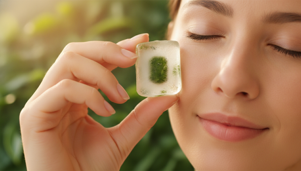 A close-up of a hand gently holding a frozen green tea ice cube against a fresh glowing face with blurred green tea leav