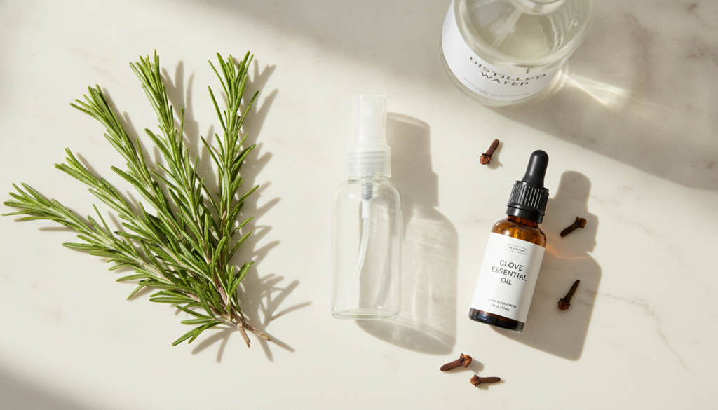 Ingredients for a DIY clove oil and rosemary facial spray laid out on a clean surface with a small spray bottle fresh ro