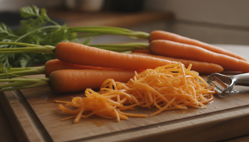A close-up of fresh vibrant carrots on a wooden cutting board with some peeled and grated suggesting preparation for mak