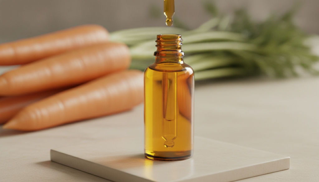A small amber glass dropper bottle filled with golden homemade carrot oil perhaps with a faint background blur of fresh