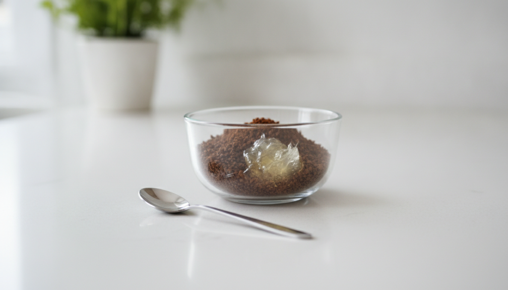 A close-up of a small glass bowl containing instant coffee grounds and a dollop of Vaseline with a small mixing spoon ne