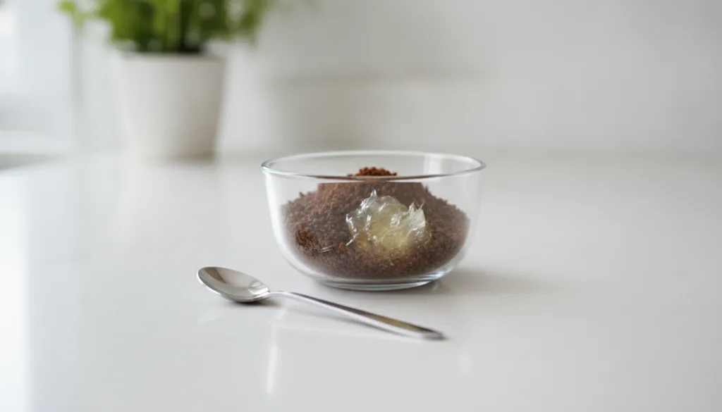 A close-up of a small glass bowl containing instant coffee grounds and a dollop of Vaseline with a small mixing spoon ne