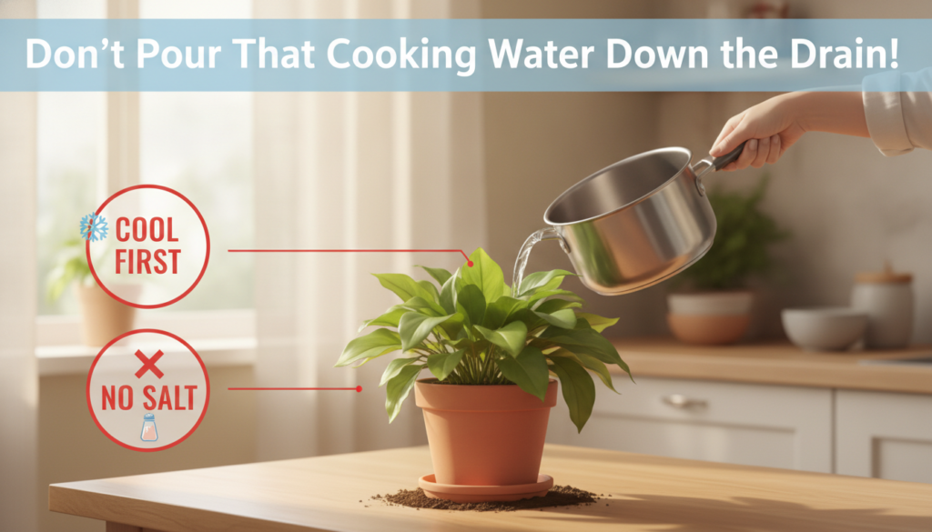 Infographic titled Don t Pour That Cooking Water Down the Drain showing cooled unsalted vegetable and pasta water being 