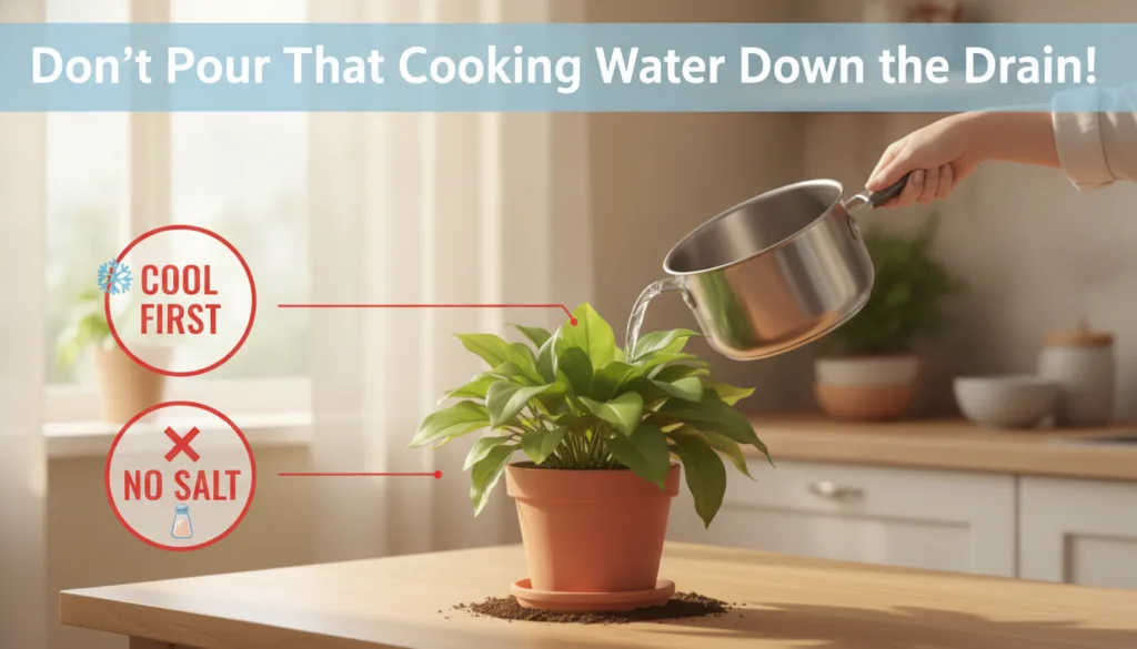Infographic titled Don t Pour That Cooking Water Down the Drain showing cooled unsalted vegetable and pasta water being 