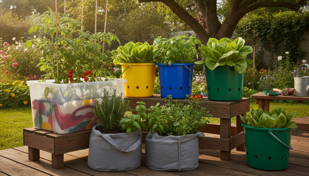 A visual showing a Small-Space Vegetable Garden with various vegetables growing in affordable repurposed containers like