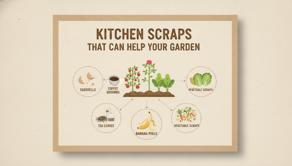 Infographic showing various kitchen scraps like eggshells coffee grounds banana peels and vegetable scraps with illustra