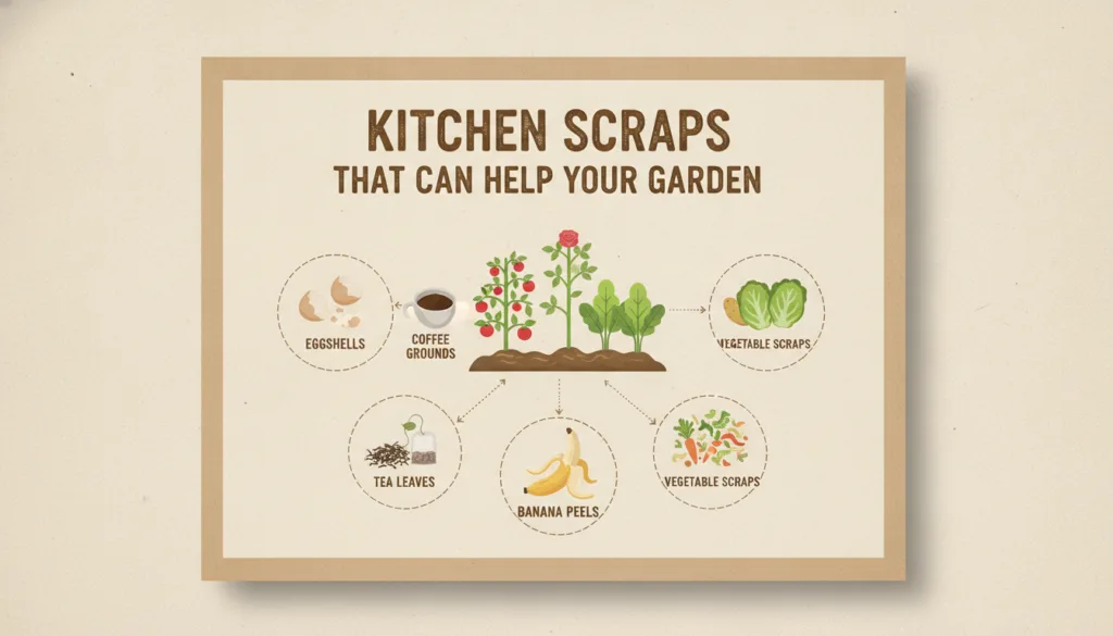Infographic showing various kitchen scraps like eggshells coffee grounds banana peels and vegetable scraps with illustra
