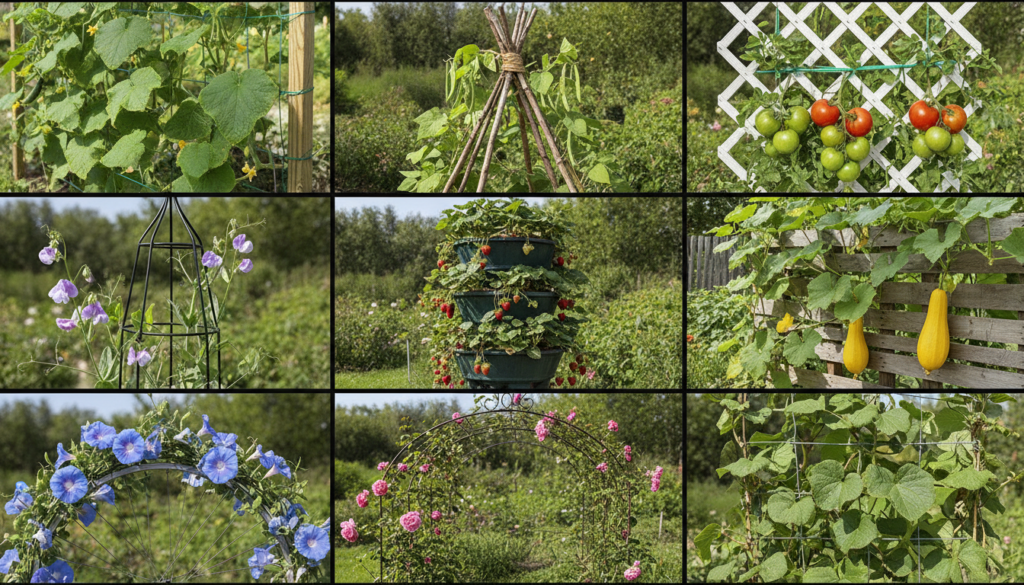 A 3x3 infographic illustrating different vertical gardening support systems with labels like Cucumbers on Netting Beans 