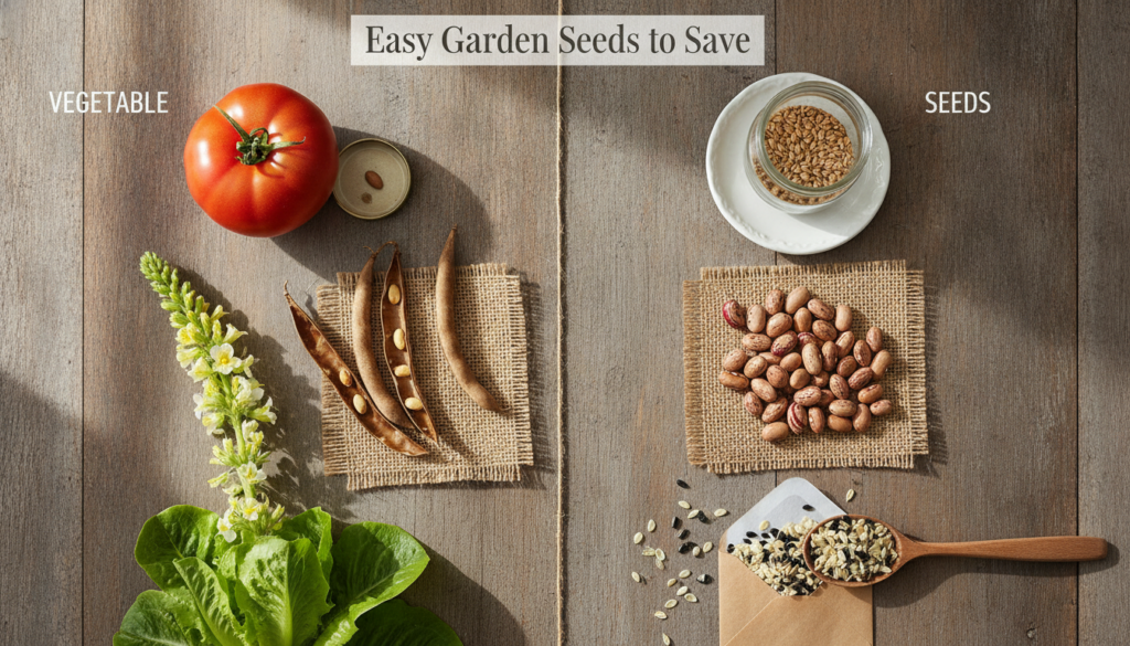 Infographic titled Easy Garden Seeds to Save in a two-column format showing a mature vegetable on the left and its corre
