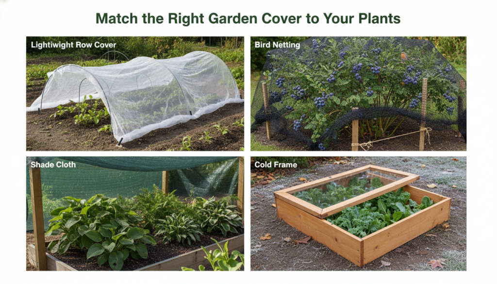 A clean comparison infographic titled Match the Right Garden Cover to Your Plants divided into sections for Row Cover Bi