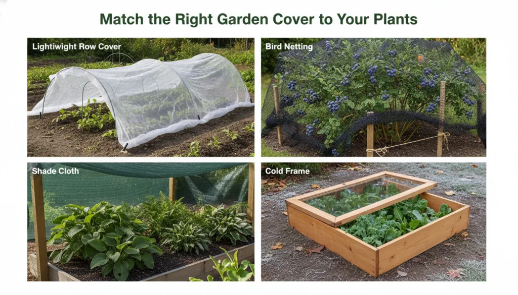 A clean comparison infographic titled Match the Right Garden Cover to Your Plants divided into sections for Row Cover Bi