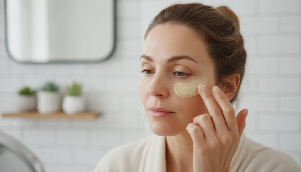 A person gently applying a banana mask under their eyes demonstrating the home remedy