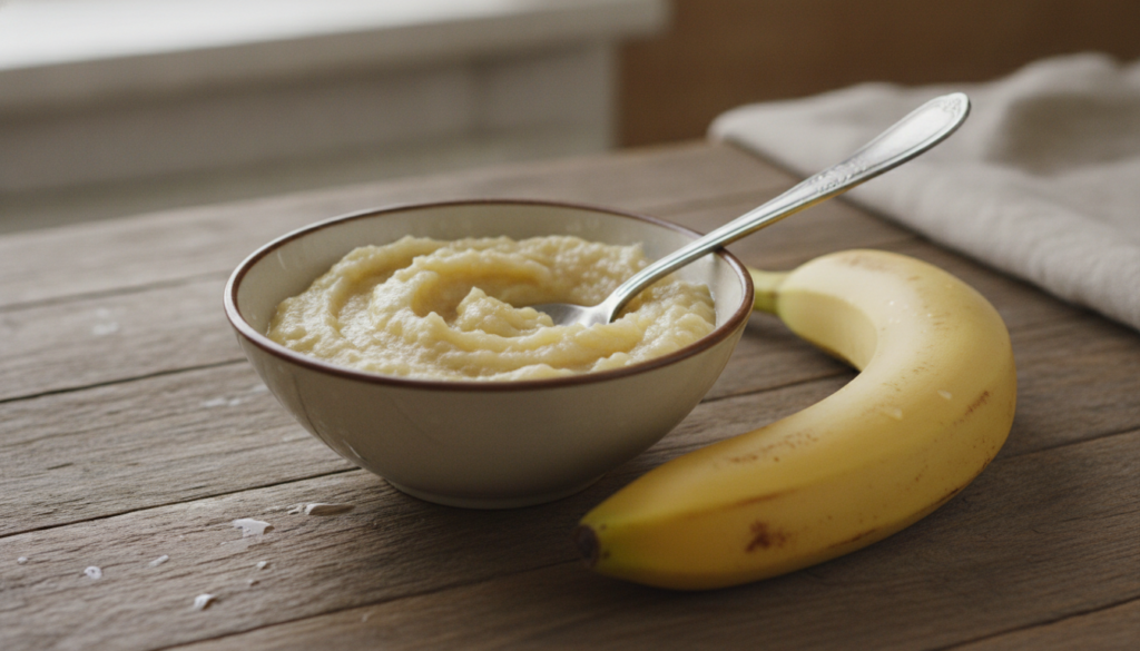 A close-up of a mashed banana in a small bowl with a spoon next to a whole banana suggesting a natural beauty ingredient