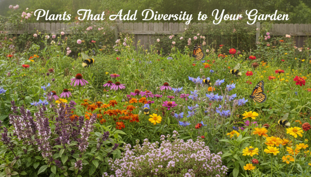 A visual titled Plants That Add Diversity to Your Garden pairing various flowering herbs and vibrant flowers like marigo
