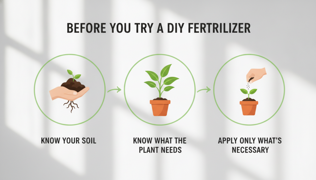 A comparison graphic titled Before You Try a DIY Fertilizer with three checkpoints Know Your Soil Know What the Plant Ne