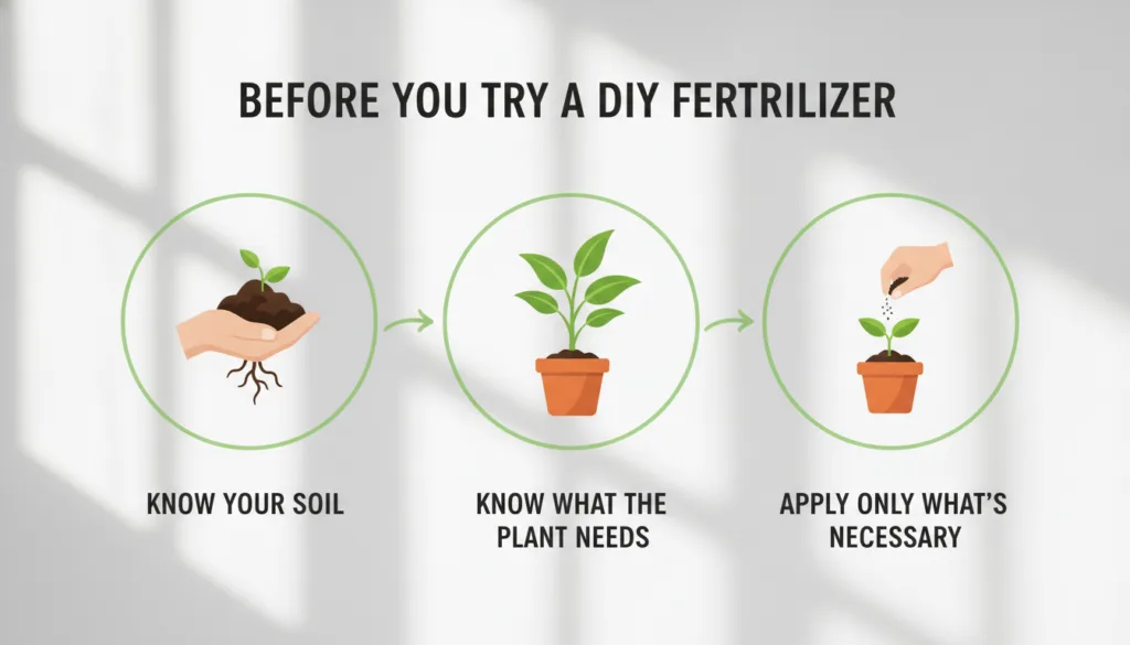 A comparison graphic titled Before You Try a DIY Fertilizer with three checkpoints Know Your Soil Know What the Plant Ne