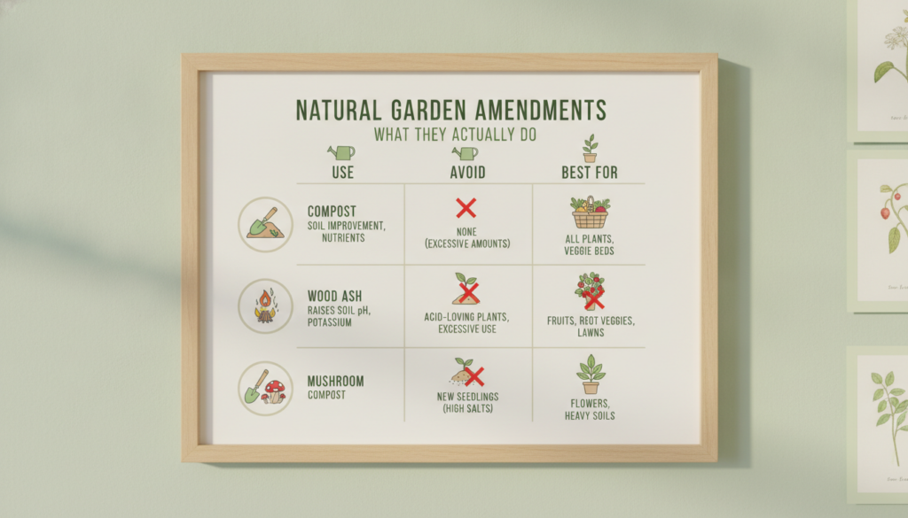 A chart titled Natural Garden Amendments What They Actually Do featuring common amendments like compost wood ash and mus