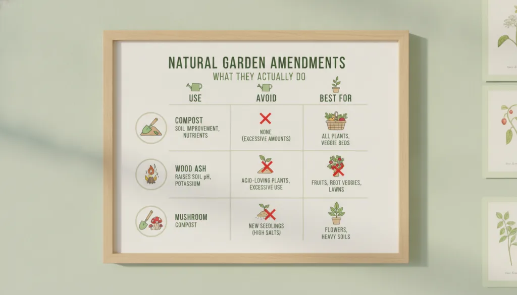 A chart titled Natural Garden Amendments What They Actually Do featuring common amendments like compost wood ash and mus