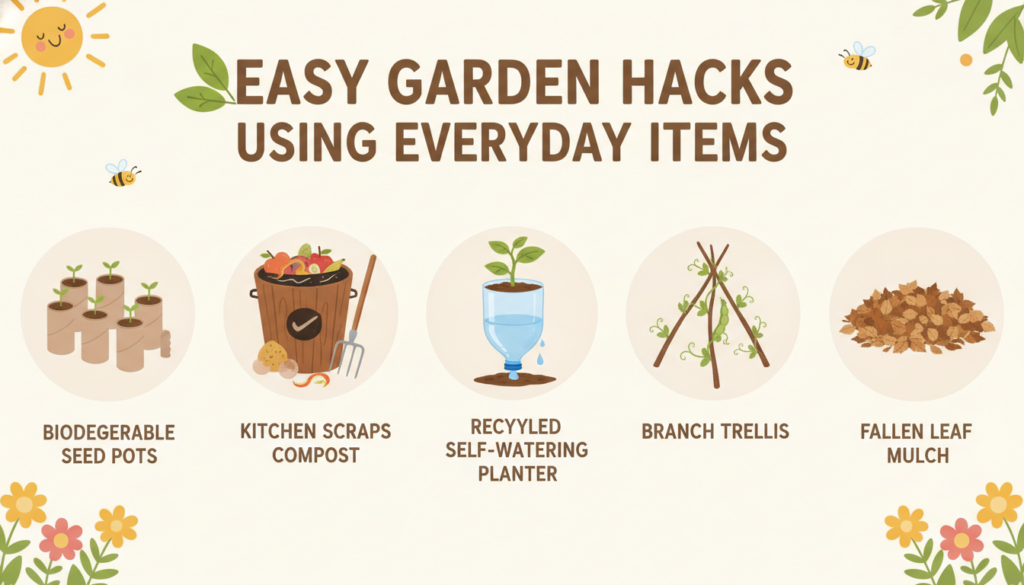 Infographic titled Easy Garden Hacks Using Everyday Items featuring illustrations of cardboard tubes for seed starting k