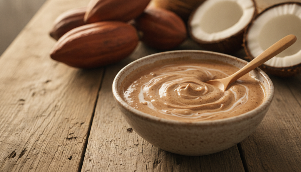 A close-up of a DIY hair mask in a bowl featuring cocoa powder coconut milk and other natural ingredients with fresh coc