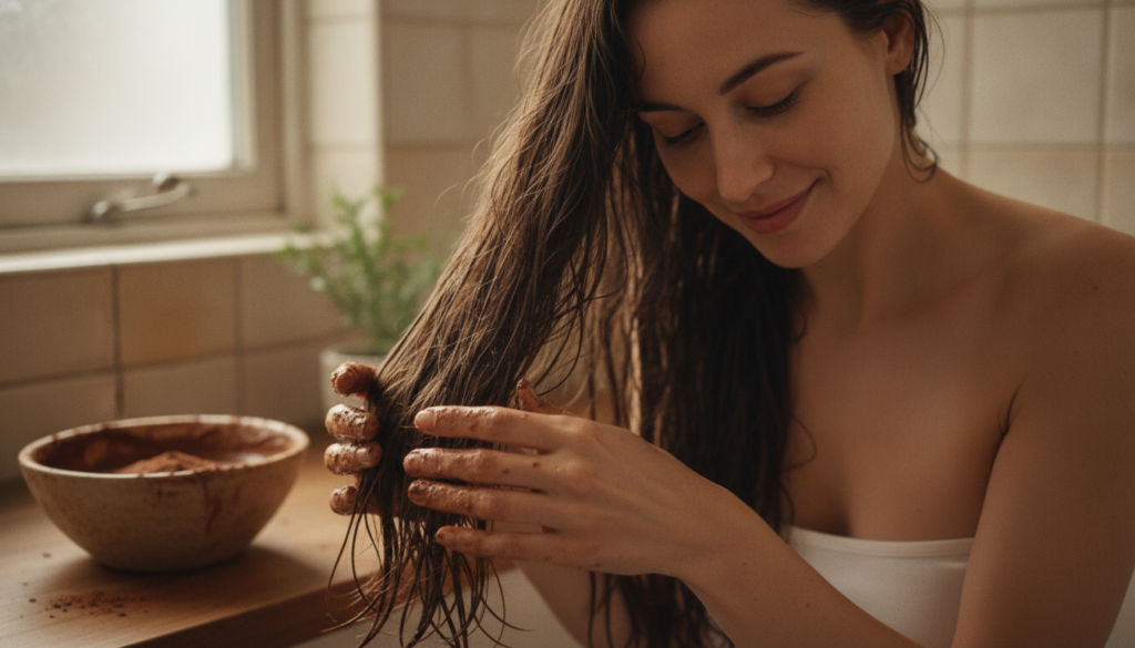A woman gently applying a rich brown hair mask to her hair focusing on the mid-lengths and ends with a warm natural ligh