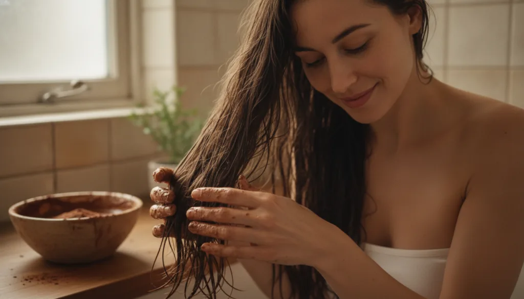 A woman gently applying a rich brown hair mask to her hair focusing on the mid-lengths and ends with a warm natural ligh